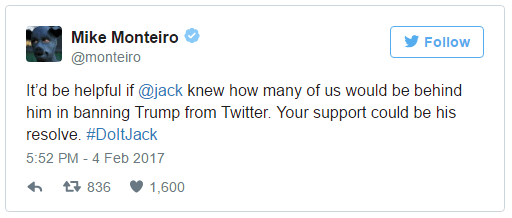 Twitterbaas opgeroepen om Trump te bannen #DoItJack 3 01mikemonteiro