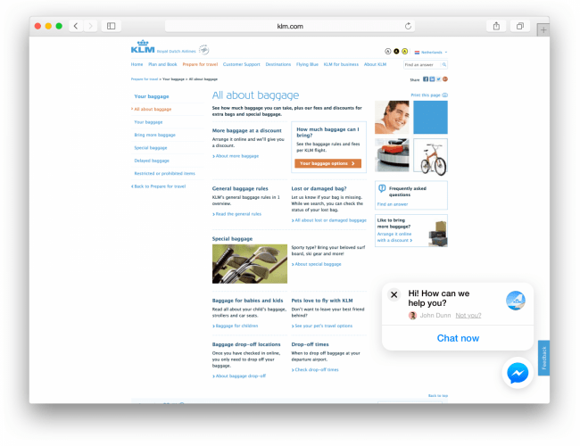 Messenger chat met klanten op KLM.com 1 800 klm desktop 1