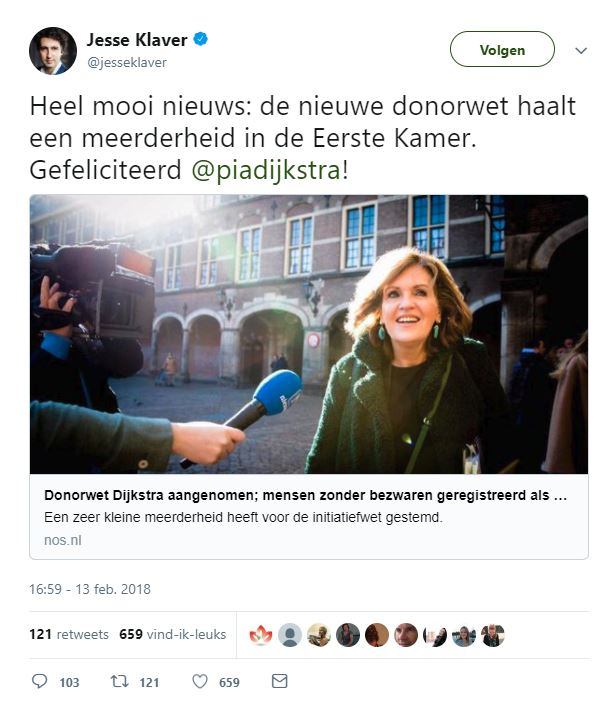 Het gesprek op de sociale media, februari 2018: #valentijnsdag #donorwet #olympischespelen #Vero 3 Tweet1