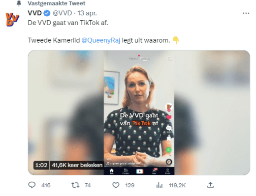 De VVD gaat van TikTok af. Tweede Kamerlid @QueenyRaj legt uit waarom. 👇 pic.twitter.com/jbObO11lWL&mdash; VVD (@VVD) April 13, 2023