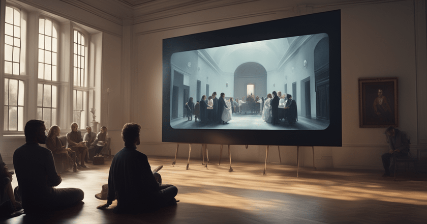 a led screen showing marketing trends figures people in the room looking to the screen photorealis 304027102