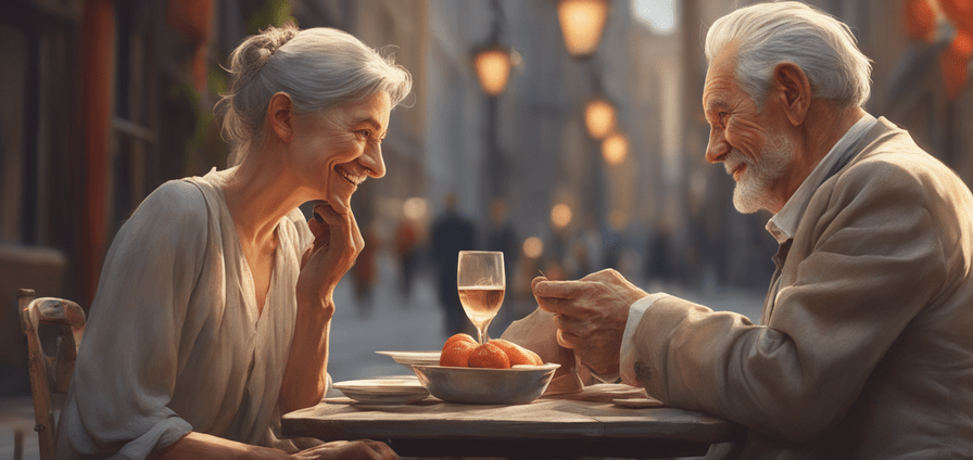 a oldman and a nice woman on a date in a cade sharp focus looking happy perfect hands perfect f 702668253