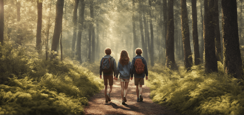 hyper realistic photo realistic handsome boys and girls walking in forrest realistic perfect 161033879