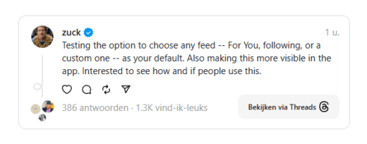a, het lijkt erop dat Meta zich duidelijk zorgen maakt over de groeiende dreiging van Bluesky. Vandaag heeft Meta-CEO Mark Zuckerberg aangekondigd dat het bedrijf een nieuwe optie test waarmee gebruikers een feed, zoals hun "Volgend"-stream, als standaard kunnen instellen op Threads. Dit is een belangrijke stap, omdat Meta doorgaans veel betrokkenheid genereert via de AI-gestuurde “Voor Jou”-feeds in zijn apps. Deze feeds bevatten aanbevolen content om gebruikers langer te laten scrollen. Maar de vraag is of gebruikers daadwerkelijk een betere ervaring hebben met die op aanbevelingen gebaseerde feeds, waarin allerlei content wordt gepusht die mogelijk niet relevant voor hen is. Of zouden ze het waarderen als ze alleen de nieuwste updates zien van de accounts die ze volgen? Voor Meta is dit een lastige afweging. Zoals gezegd komt bijna alle recente groei in betrokkenheid op Facebook en Instagram voort uit AI-gebaseerde aanbevelingen. Jarenlang daalde de betrokkenheid op Facebook, totdat aanbevolen berichten werden toegevoegd. Op Instagram is inmiddels zo’n 50% van de hoofdfeed samengesteld uit AI-aanbevolen content. Meta heeft dus veel te winnen met deze aanbevelingen, wat betekent dat het toestaan van een omzeiling een grote stap lijkt. Maar zowel Bluesky als X bieden de mogelijkheid om standaard een "Volgend"-feed te gebruiken. In een omgeving die draait om real-time sociale interacties, is dat wellicht een betere benadering. Bovendien kan het helpen gebruikers te stimuleren hun volgersaantallen te laten groeien, omdat zij meer geneigd zullen zijn accounts te volgen om hun feed te vullen. Met de standaardinstelling op “Voor Jou” is er minder reden voor gebruikers om individuele profielen te volgen; de algoritmes nemen dat werk immers uit handen. Vorige week kondigde Threads ook aan dat het zijn feed-rankingalgoritme “herbalanceert” om meer nadruk te leggen op content van accounts die je volgt. Beide veranderingen lijken erop gericht om gebruikers te helpen hun publiek binnen de app te laten groeien. Maar zal het werken? Zal een “Volgend”-feed de voorkeur krijgen, of blijven de meeste gebruikers gewoon de “Voor Jou”-stream gebruiken? Het is een risicovolle zet van Meta. Ik vermoed dat als mensen eenmaal overschakelen naar de “Volgend”-standaard en niet langer aanbevolen berichten zien, velen daarbij zullen blijven. Dat kan leiden tot minder tijd die gebruikers in de app doorbrengen. Maar misschien wordt dat gecompenseerd door een grotere groei van creators die grotere volgersaantallen opbouwen, waardoor Bluesky minder aantrekkelijk wordt en gebruikers meer trouw blijven aan Threads. Hoe dan ook, gezien de reeks updates van Threads in de afgelopen week, is het duidelijk dat Meta zich behoorlijk ongemakkelijk voelt door de plotselinge groei van Bluesky.