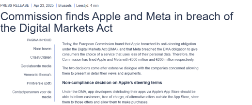 Europese Commissie legt eerste DMA-boetes op aan Apple en Meta