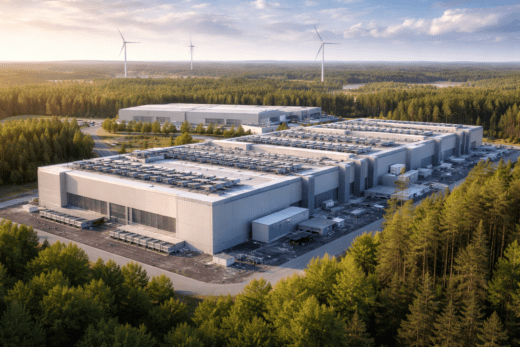 Groot industrieel complex omgeven door bomen.