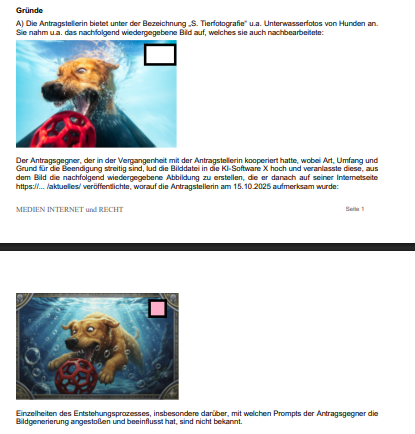 3. Ob durch Künstliche Intelligenz generierte Erzeugnisse (eigenständigen) Werkcharakter haben, hängt davon ab, inwieweit trotz des softwaregesteuerten Prozessablaufs menschlicher schöpferischer Einfluss ausgeübt wird. Ein urheberrechtlicher Schutz ist infolge menschlichen Eingriffs in KI-Ergebnisse, der auch nachträglich bzw. sukzessive während des Promptings stattfinden kann und der dazu führt, dass sich im Output auch gerade die Persönlichkeit des Promptenden widerspiegelt, grundsätzlich denkbar. Erforderlich ist aber eine menschlichschöpferische Einflussnahme auf die Gestaltung des konkreten Werkes selbst, etwa durch hinreichend individuelle Voreinstellungen bei der Programmierung des Entstehungsprozesses des konkreten Erzeugnisses selbst, ggf. im Verbund mit einem Selektionsprozess unter den generierten Erzeugnissen. Die bloße Auswahl eines KI-Erzeugnisses aus mehreren "Vorschlägen" ist nicht ausreichend. Erfolgt die Generierung des Erzeugnisses gänzlich softwaregesteuert, kommt ein Urheber- und auch ein Leistungsschutz für das KI-Erzeugnis nicht in Betracht (mit Verweis auf AG München, 13.02.2026 – 142 C 9786/25, LG Frankfurt a.M.,17.12.2025 - 2-06 O 401/25). Entscheidend ist, ob das Prompting schöpferische Fähigkeiten in eigenständiger Weise zum Ausdruck bringt, indem freie und kreative Entscheidungen getroffen werden und damit auch dem Output eine persönliche Note verliehen wird. Nicht ausreichend ist es, wenn im Rahmen des Promptings letztlich der KI die gestalterische "Entscheidung" durch lediglich allgemein gehaltene, ergebnisoffene Anweisungen überlassen wird, auch wenn diese zahlreich sein sollten und dadurch sukzessive das Erscheinungsbild des Outputs verändert wird (mit Verweis auf AG München, a.a.O.). Die Darlegungs- und Glaubhaftmachungslast trägt dabei derjenige, der sich auf die Werkeigenschaft beruft, hier also der Antragsgegner, der sich auf das Vorliegen einer freien Bearbeitung beruft.