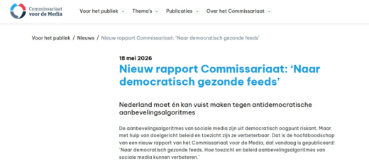 Oproep tot transparantie en meer controle Het Commissariaat pleit daarom voor zogenoemde “democratisch gezonde feeds”. Daarmee bedoelt de toezichthouder digitale omgevingen waarin gebruikers toegang houden tot betrouwbare, diverse en onafhankelijke informatie. Platforms zouden transparanter moeten worden over de werking van hun algoritmes. Ook moeten gebruikers meer invloed krijgen op welke content zij wel of niet te zien krijgen. Daarnaast zou betrouwbare journalistiek zichtbaarder moeten worden gemaakt binnen sociale media-platforms. Nederland moet actievere rol nemen Volgens het rapport kan Nederland niet langer afwachten. Het Commissariaat roept beleidsmakers op om actief mee te werken aan strengere regelgeving en toezicht op aanbevelingsalgoritmes. De discussie raakt aan een bredere vraag: hoeveel invloed mogen technologiebedrijven hebben op het publieke debat? Met het rapport wil het Commissariaat duidelijk maken dat sociale media inmiddels niet alleen entertainmentplatforms zijn, maar ook een cruciale rol spelen in de democratische informatievoorziening.