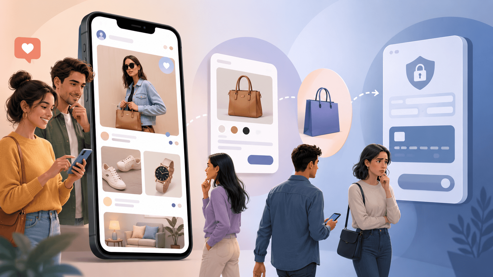 Sociale media trekken consumenten aan, maar overtuigen nauwelijks bij de kassa 1 Mensen die shopping (AI label)